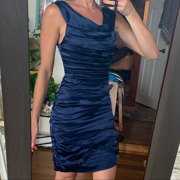 blue satin ruched dress
